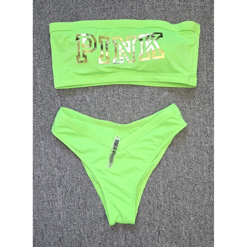Pink Victoria's Secret Neon Green Bandeau Bikini Top L bottom M Flaw